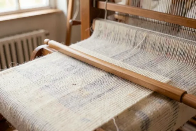 Handloom close-up with cream and grey wool warp, shuttle in the shed, fresh plain-weave beaten in