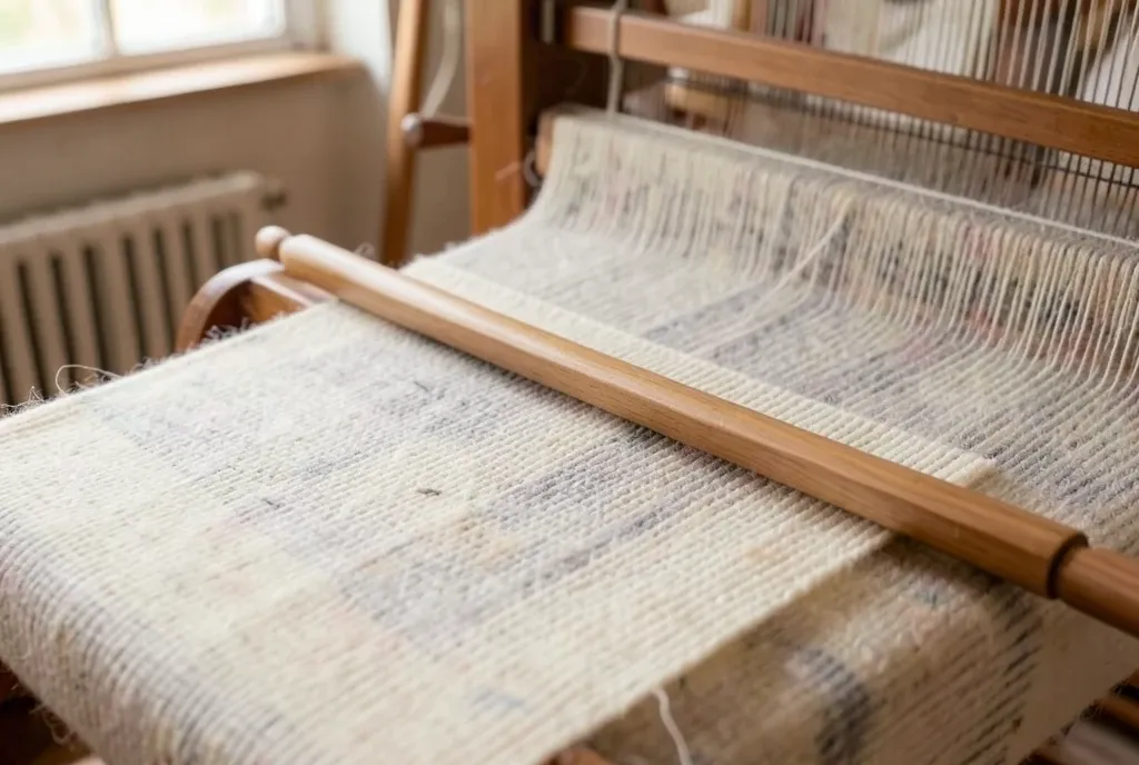 Handloom close-up with cream and grey wool warp, shuttle in the shed, fresh plain-weave beaten in
