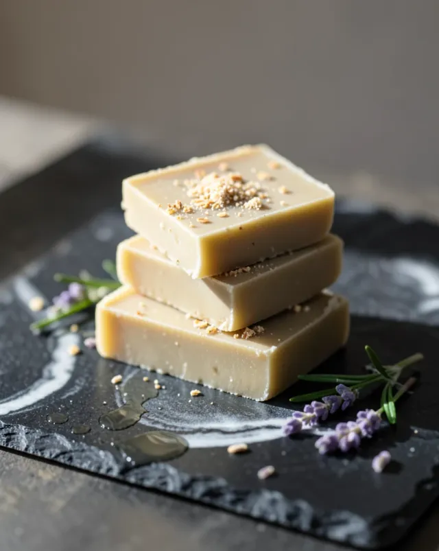 Four handmade soap bars fanned on wet dark slate with rosemary, lavender buds and water droplets