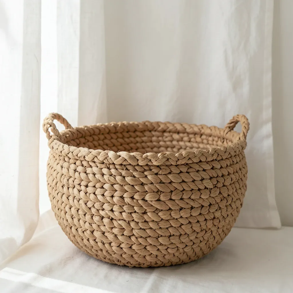 Large round handwoven seagrass basket with chunky texture against a white linen curtain