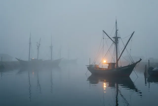A foggy harbor at dawn with boat masts fading into mist and one warm light glowing.