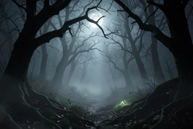 Foggy moonlit trail winding into a haunted forest of twisted bare trees with cold shafts of light