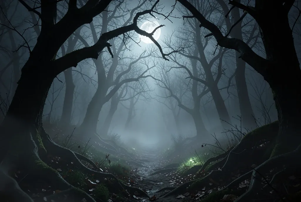 Foggy moonlit trail winding into a haunted forest of twisted bare trees with cold shafts of light