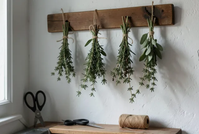 Bundles of thyme, rosemary and sage hanging upside down to dry from a wooden rack.