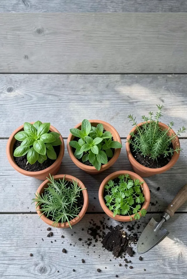 Five terracotta pots of kitchen herbs in a row on weathered grey wood, seen from above