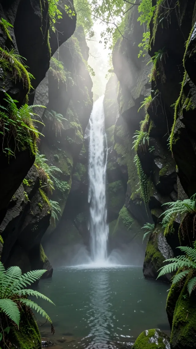 Hidden waterfall inside a mossy basalt gorge with mist rising from the pool