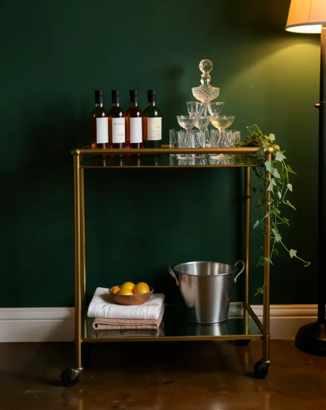 Brass bar cart with unlabelled spirit bottles, a crystal decanter and stacked coupe glasses