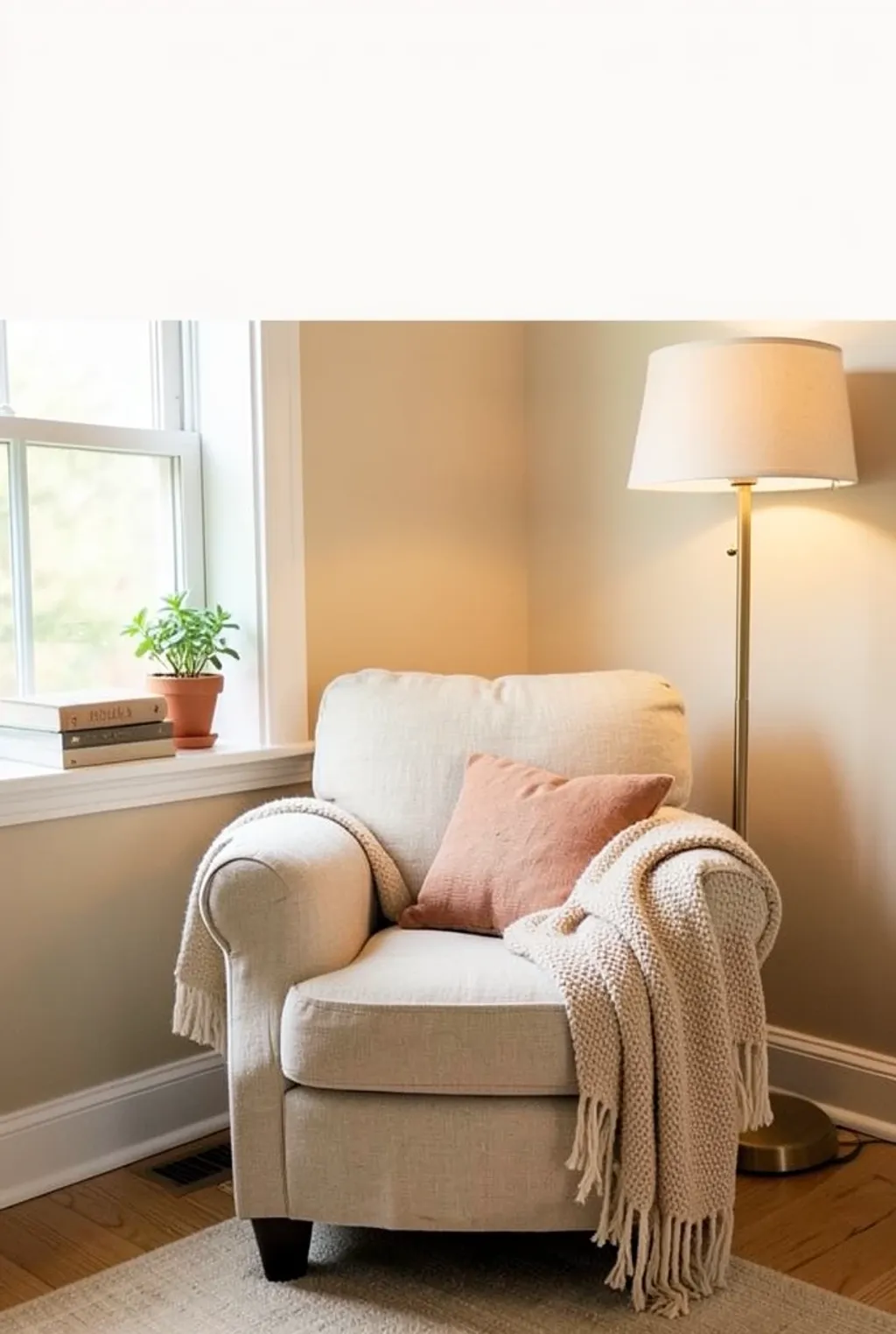 Home decor Pinterest pin of a cosy reading nook with linen armchair and warm light in beige cream and terracotta