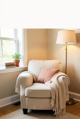 Home decor Pinterest pin of a cosy reading nook with linen armchair and warm light in beige cream and terracotta