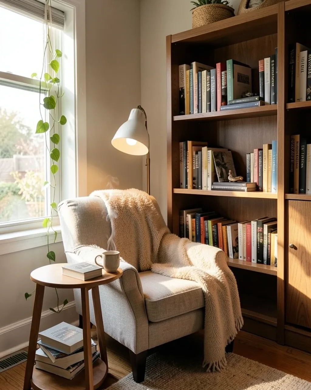 A cozy reading nook with a linen armchair, bookshelf and warm lamp beside a sunny window