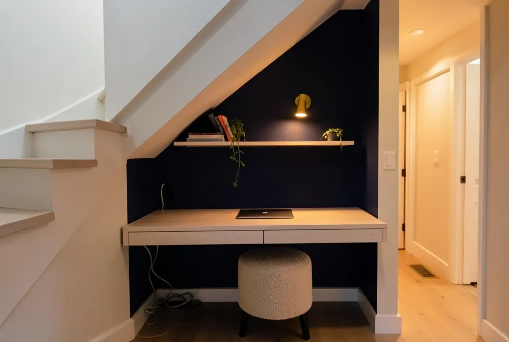 Compact home office built under a staircase with a floating oak desk and navy alcove walls