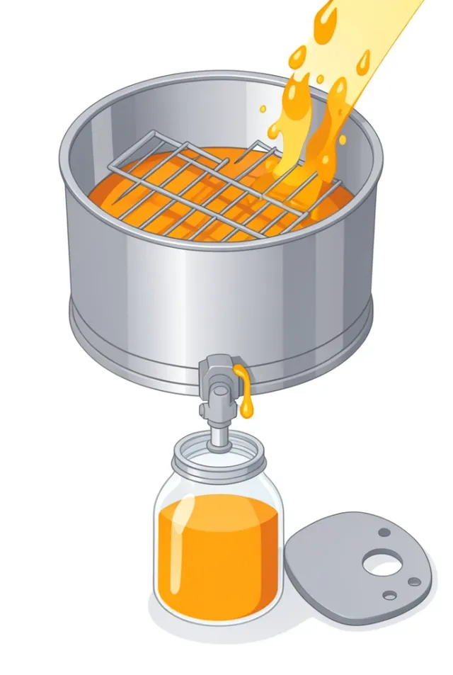 Flat illustration of a honey extractor spinning frames, honey pooling at the gate valve