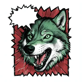 Horror comic book wolf head t-shirt design with halftone shading, blank speech bubble and red green accents
