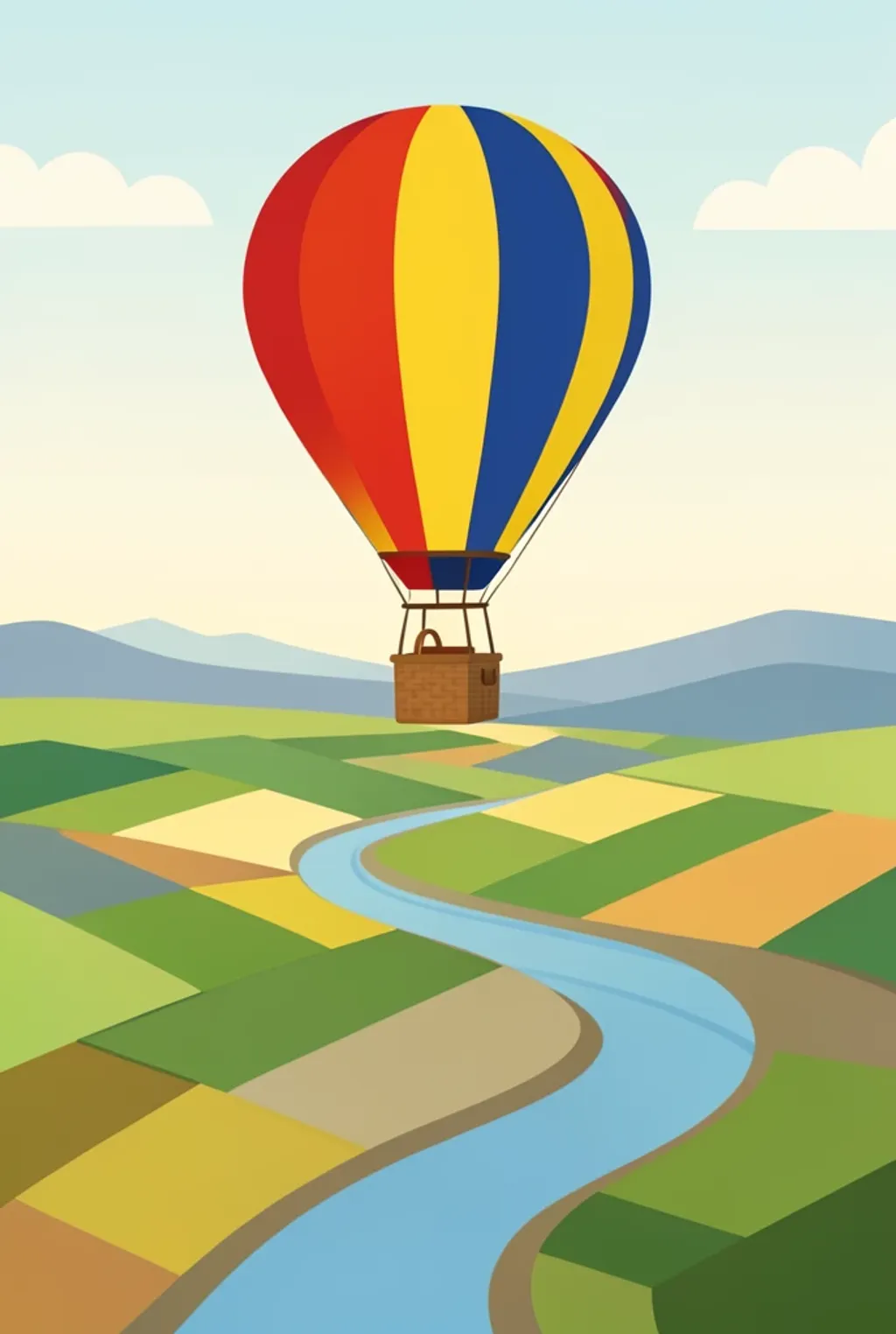 A flat illustration of a striped hot air balloon over a patchwork valley with a river.
