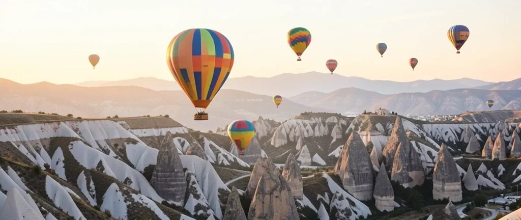 Colorful hot air balloons floating above Cappadocia fairy chimneys at sunrise with distant mountains