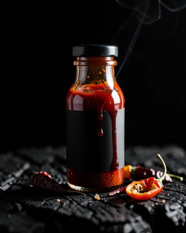 Hot sauce bottle on charred wood lit from the side with dried chillies and a wisp of smoke