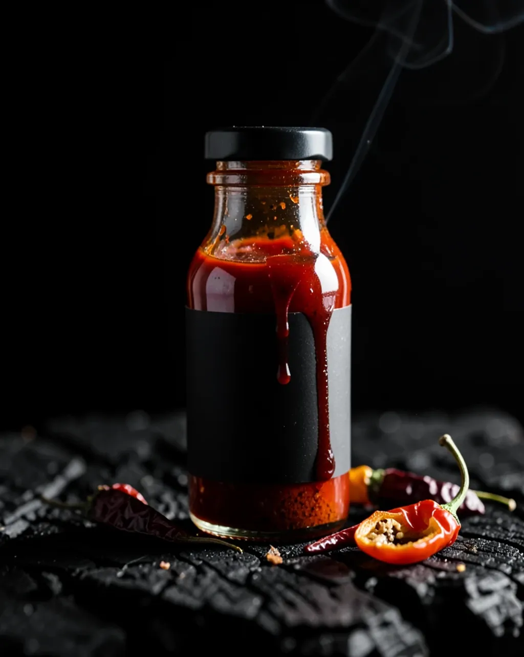 Hot sauce bottle on charred wood lit from the side with dried chillies and a wisp of smoke