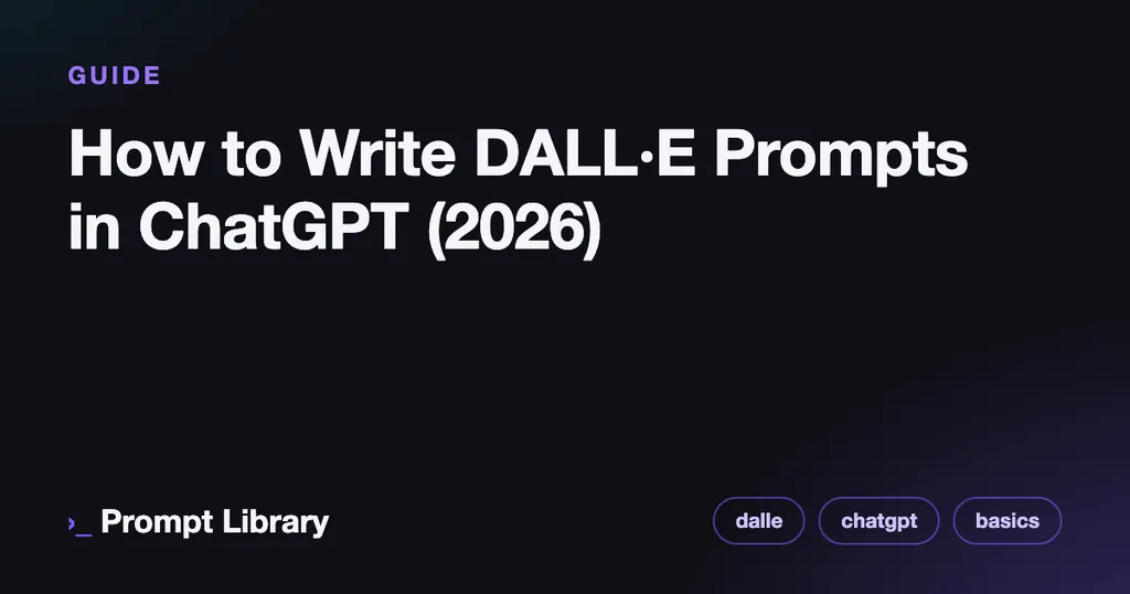 Branded cover card for the guide “How to Write DALL·E Prompts in ChatGPT (2026)”, dark theme with iris accent