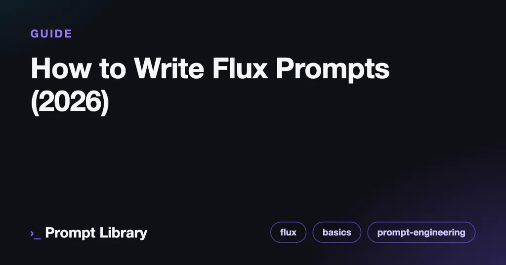 Branded cover card for the guide “How to Write Flux Prompts (2026)”, dark theme with iris accent