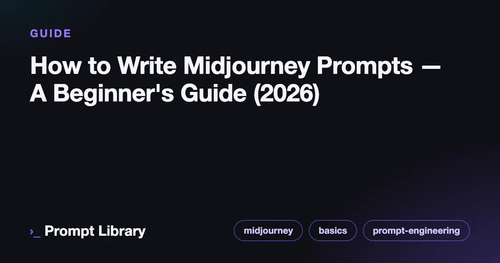 Branded cover card for the guide “How to Write Midjourney Prompts — A Beginner's Guide (2026)”, dark theme with iris accent