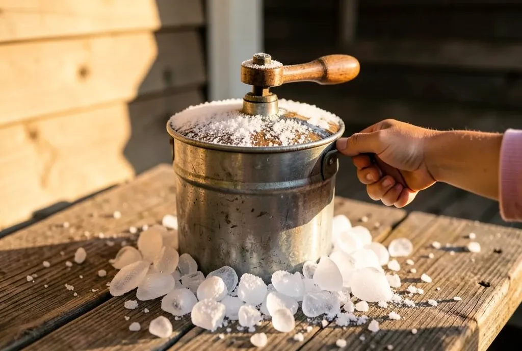 A wooden hand-crank ice cream churn packed with ice and salt on a sunny porch