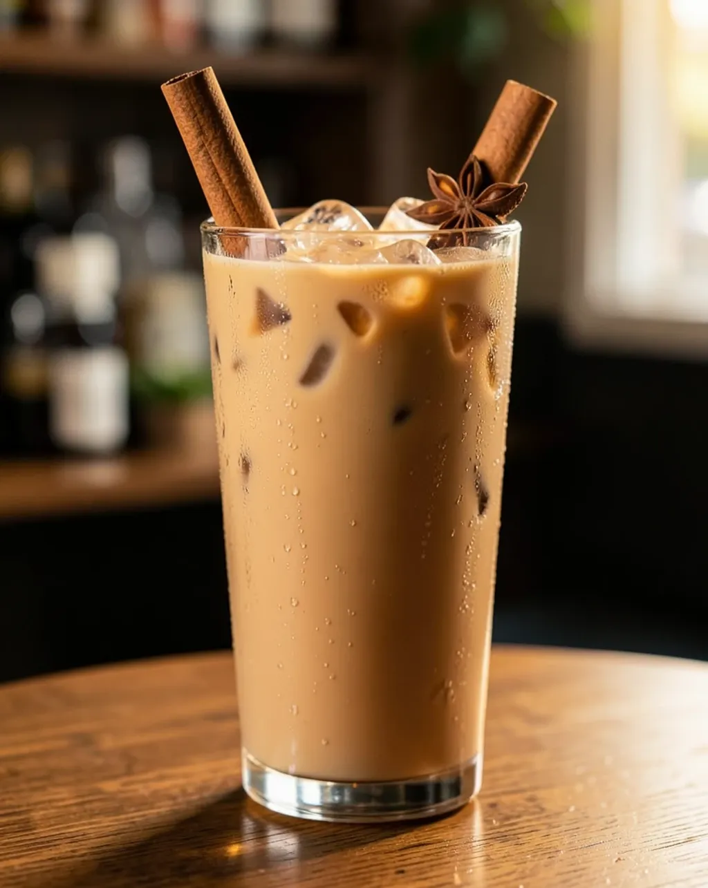 Iced chai latte in a tall glass with ice, cinnamon stick, and star anise garnish in warm light