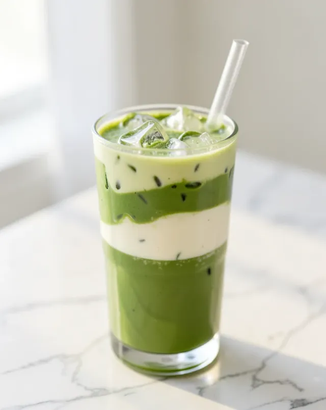 Iced matcha latte in a tall glass showing layered green and cream swirl with ice cubes