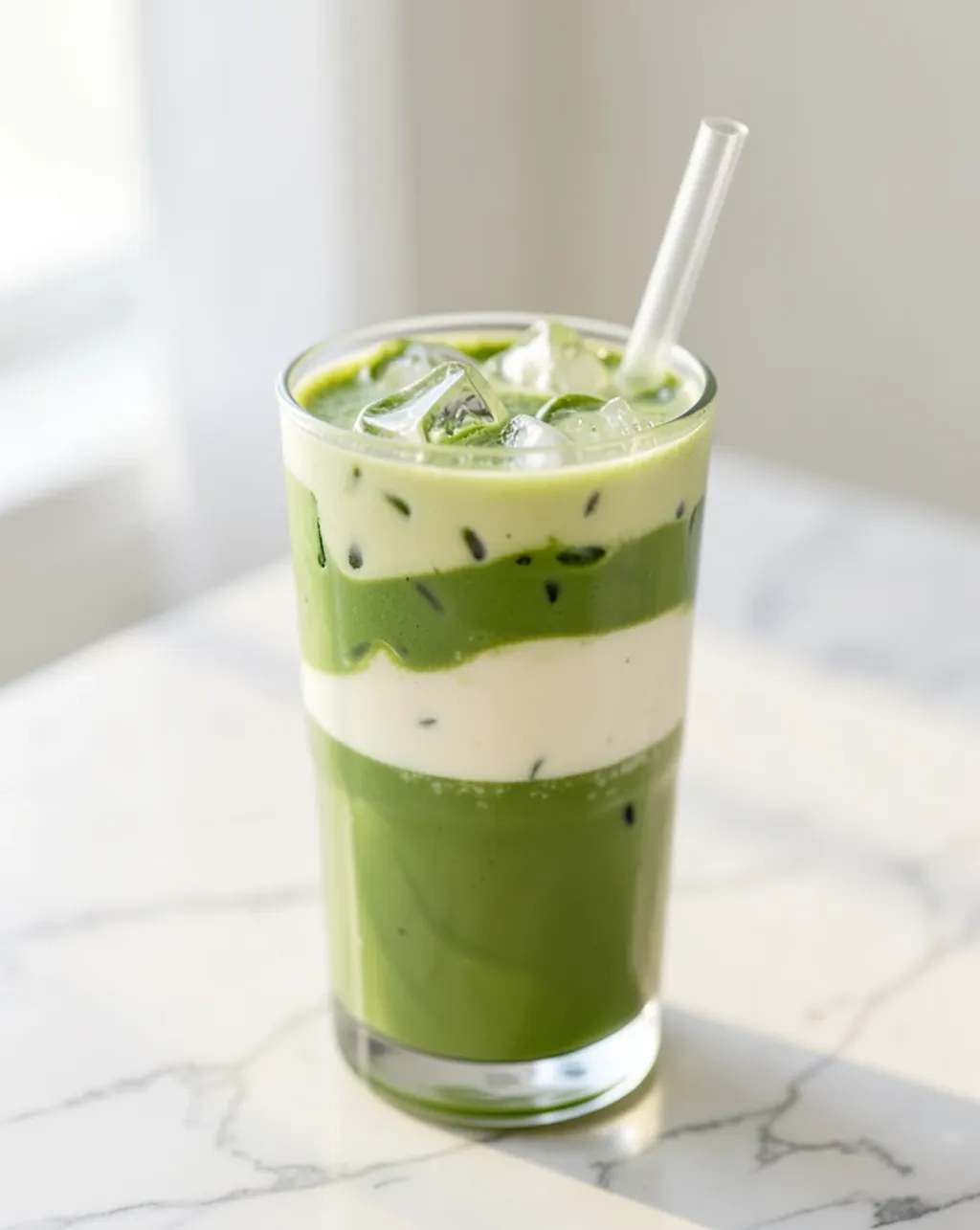 Iced matcha latte in a tall glass showing layered green and cream swirl with ice cubes