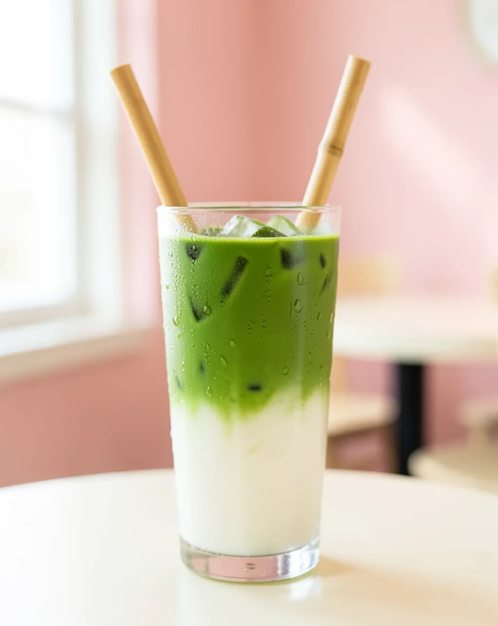 Iced matcha latte in a tall glass with layered green milk and soft pastel cafe background