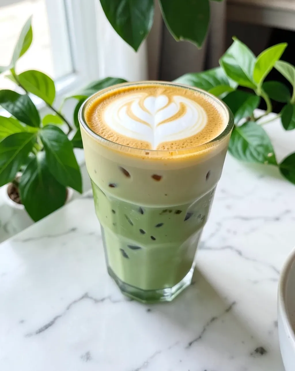 Clear glass of layered iced matcha latte with white cream art on a marble counter with green leaves