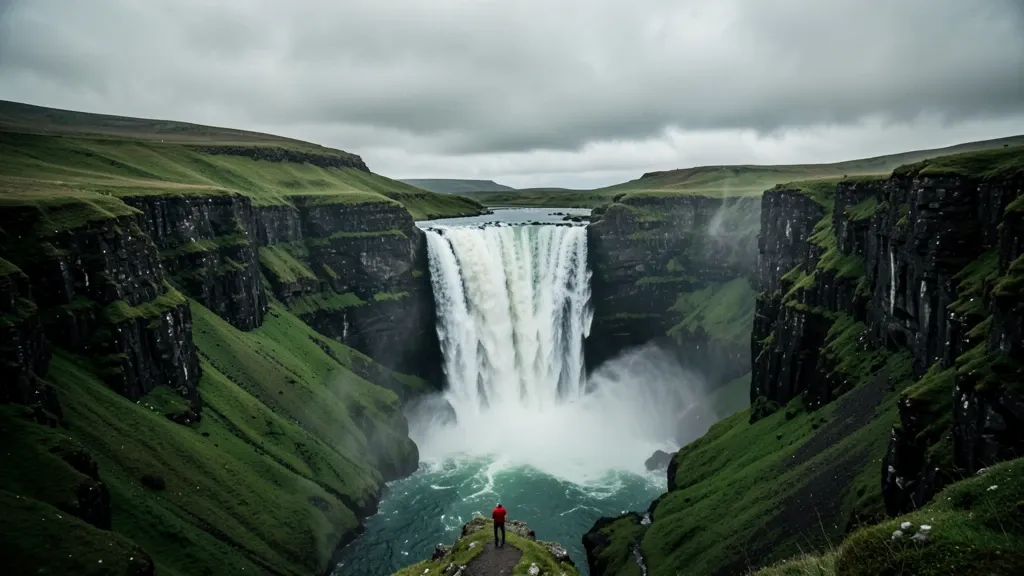 Cinematic wide shot of an Iceland waterfall plunging into a green canyon, a tiny red-jacketed hiker for scale