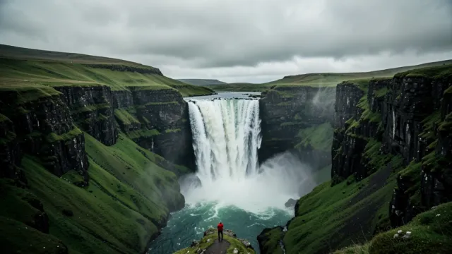 Cinematic wide shot of an Iceland waterfall plunging into a green canyon, a tiny red-jacketed hiker for scale