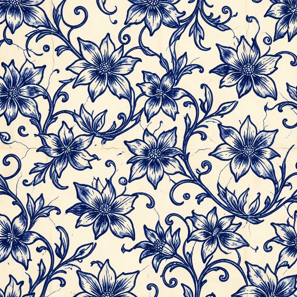 Indigo batik floral seamless pattern with wax-resist jasmine vines on warm off-white cotton