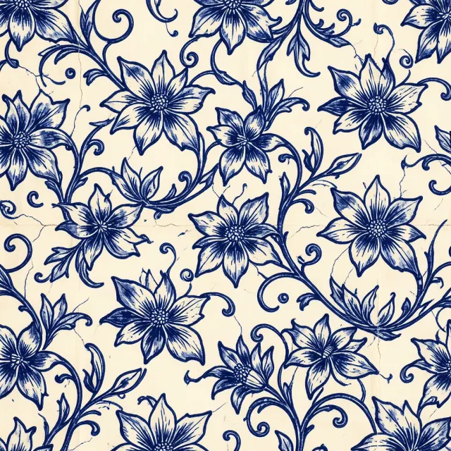 Indigo batik floral seamless pattern with wax-resist jasmine vines on warm off-white cotton