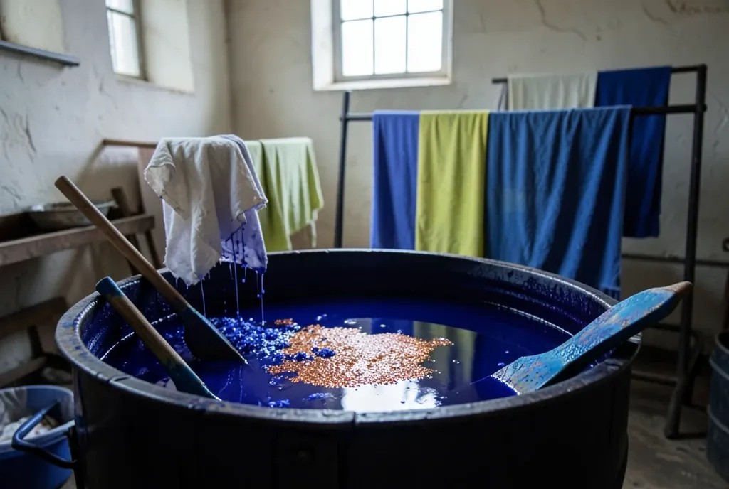 Indigo vat with dripping cloth, coppery surface bloom, and oxidizing fabric on a drying rack