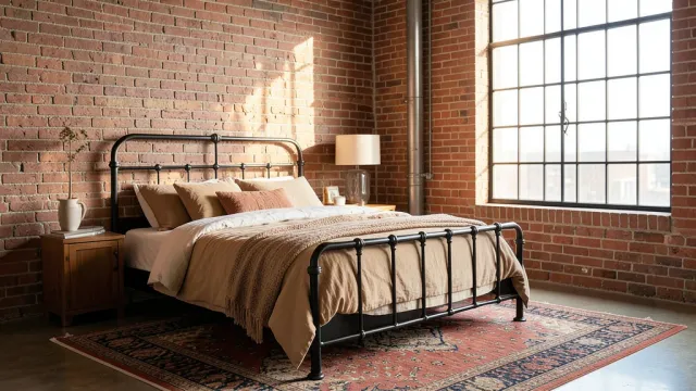 Industrial loft bedroom with exposed brick wall, large windows, and warm linen bedding