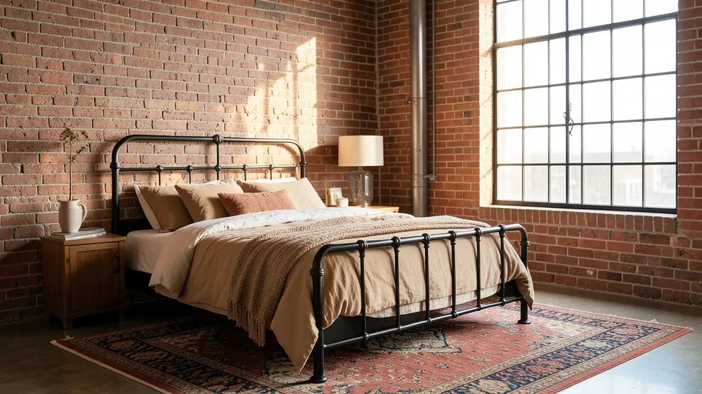 Industrial loft bedroom with exposed brick wall, large windows, and warm linen bedding