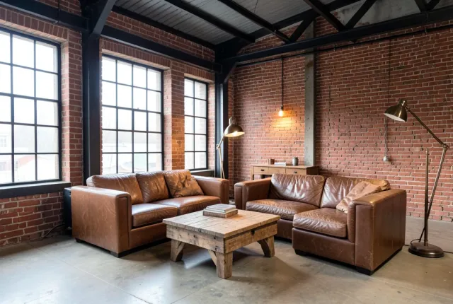 Industrial loft living room with exposed brick, steel beams, leather sofa, and large factory windows