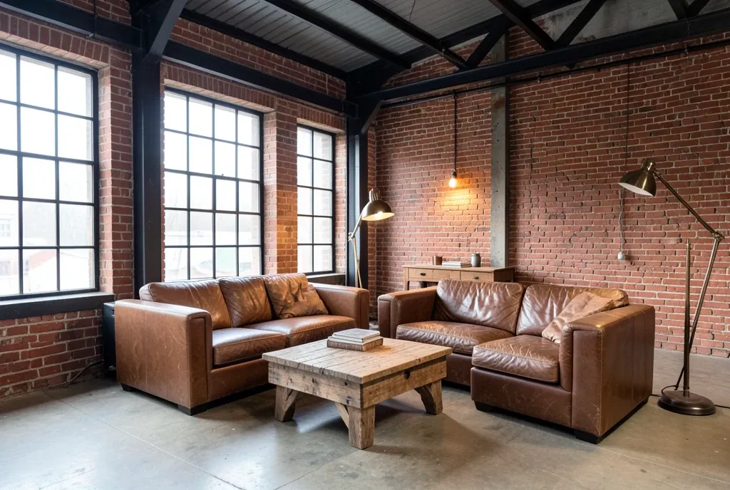 Industrial loft living room with exposed brick, steel beams, leather sofa, and large factory windows