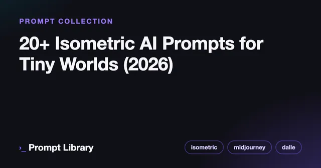 Branded cover card for the prompt collection “20+ Isometric AI Prompts for Tiny Worlds (2026)”, dark theme with iris accent