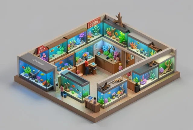 Isometric cutaway of an aquarium shop with glowing backlit fish tanks, coral decor, and tiny customers