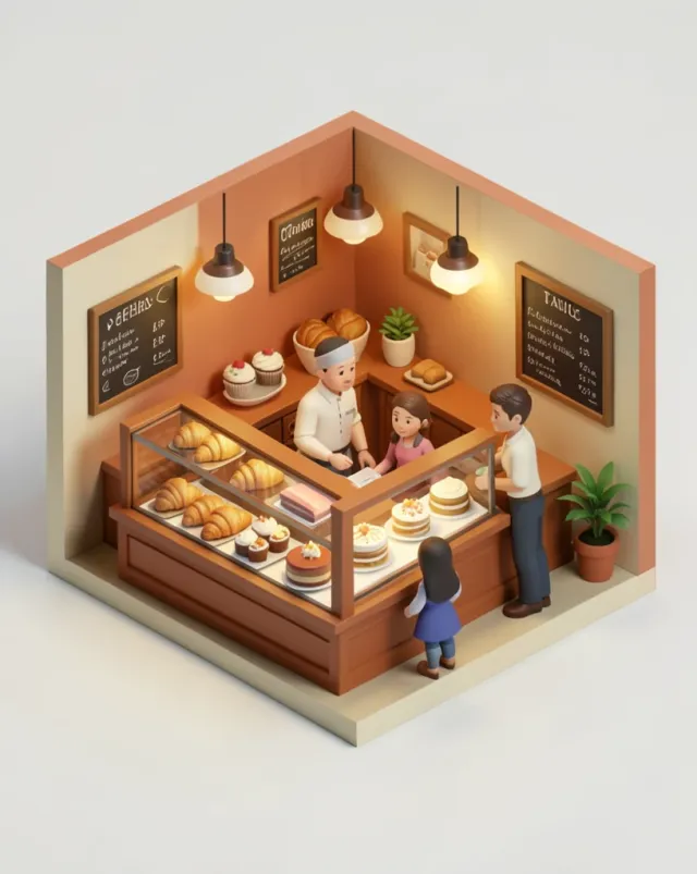 Isometric cutaway bakery diorama with glass pastry cases, a baker at the counter, two customers and warm terracotta in…