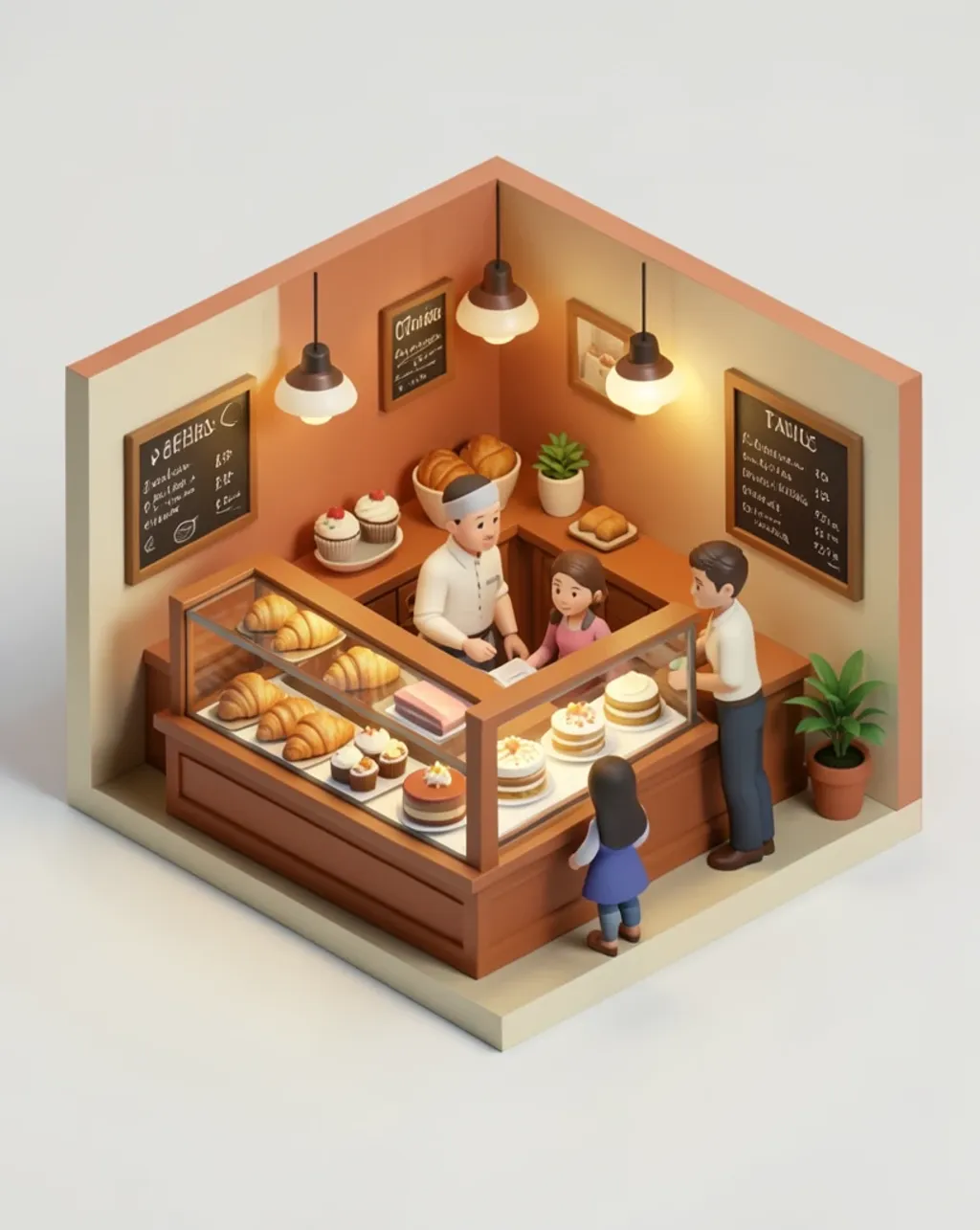 Isometric cutaway bakery diorama with glass pastry cases, a baker at the counter, two customers and warm terracotta in…