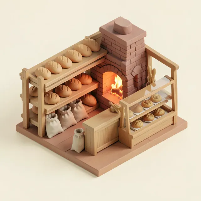 An isometric bakery cutaway diorama with bread racks and a warm oven