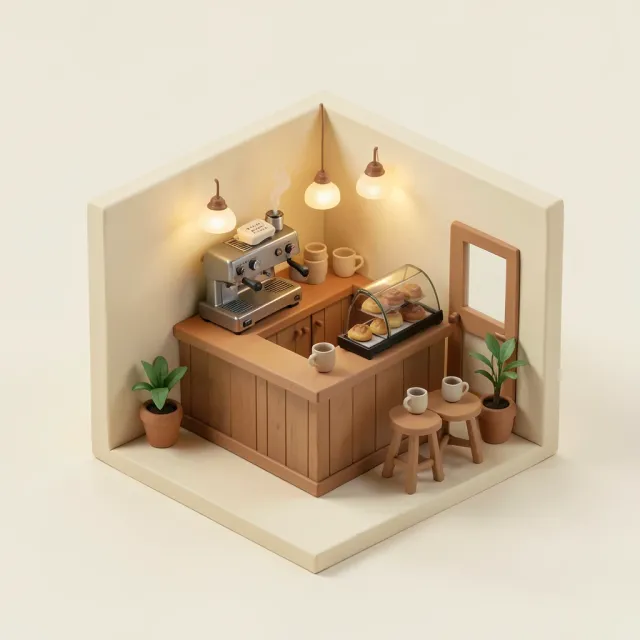 An isometric clay-render coffee shop cutaway diorama