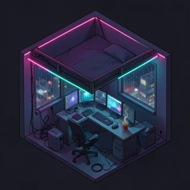 A neon-lit isometric cyberpunk micro-apartment cutaway