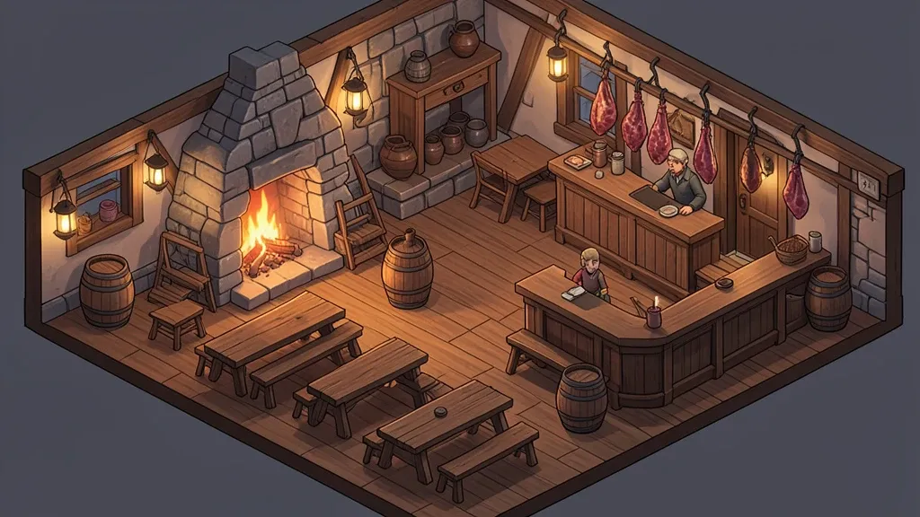 Isometric fantasy tavern interior with tables, barrels, and a fireplace