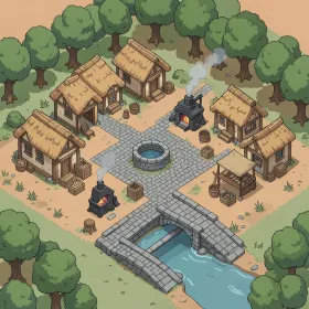 Isometric fantasy village game tile with cottages well and blacksmith in terracotta sage and stone grey