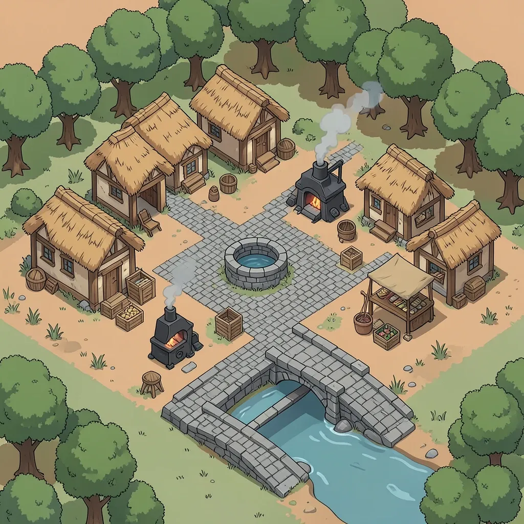 Isometric fantasy village game tile with cottages well and blacksmith in terracotta sage and stone grey