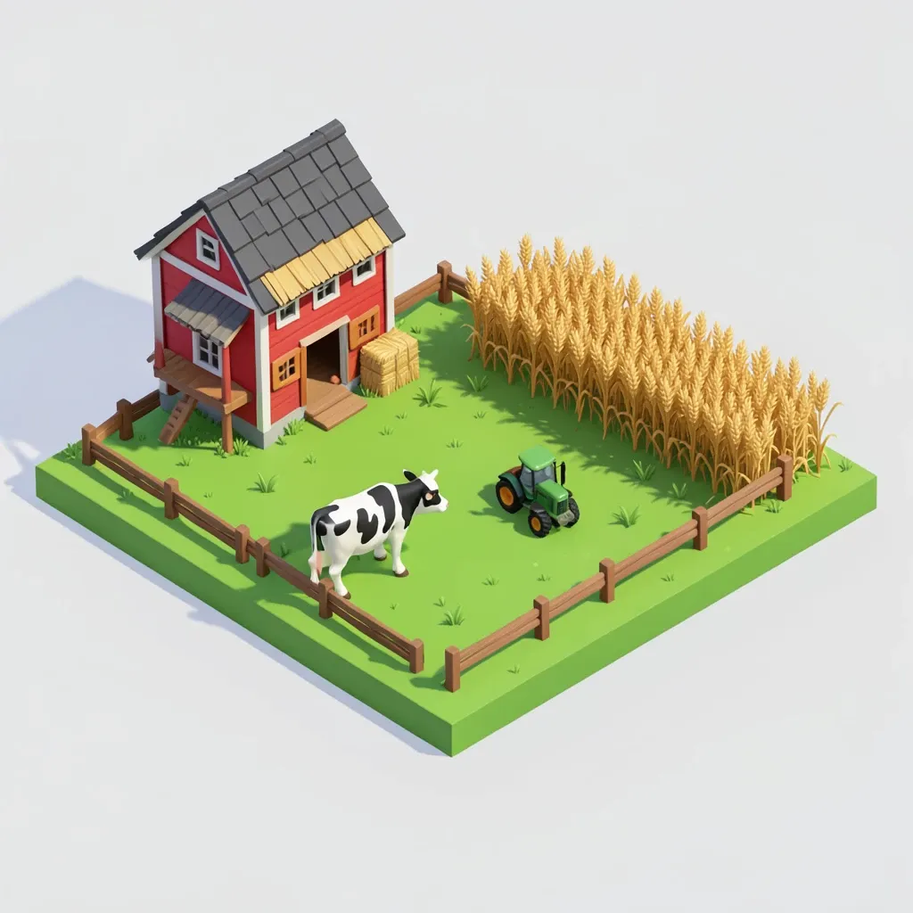 Isometric farm game tile with a small red barn, fenced pasture with two spotted cows, a tractor and a golden wheat field